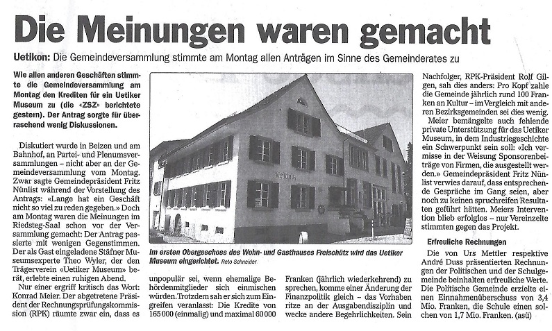 Artikel ZSZ der Gemeindeversammlung vom 24.6.2002,Krediterteilung für Museumeinrichtungg