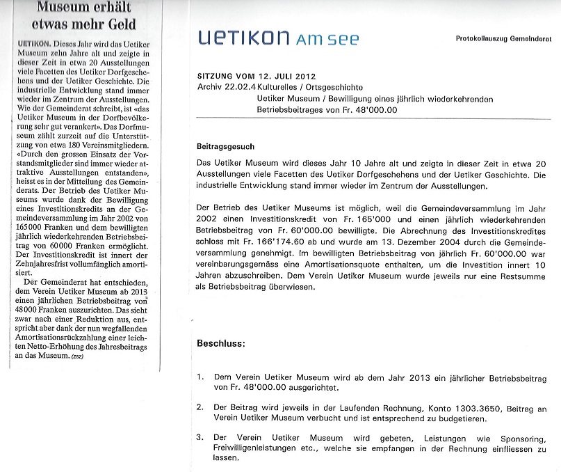 Protokollauszug des Gemeinderates Uetikon