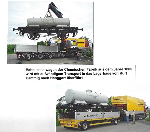 Bahnkesselwagen der Chemischen Fabrik beim Transport in das Lagerhaus Henggart