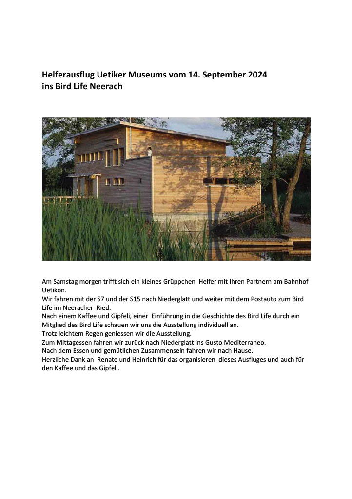 Helferausflug Uetiker Museums vom 14 September2024 ins Bird Life